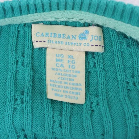 CARIBBEAN JOE Knitted Sweater Woman Sizer XL Green Cable Knit Long Sleeve V Neck - Picture 10 of 10